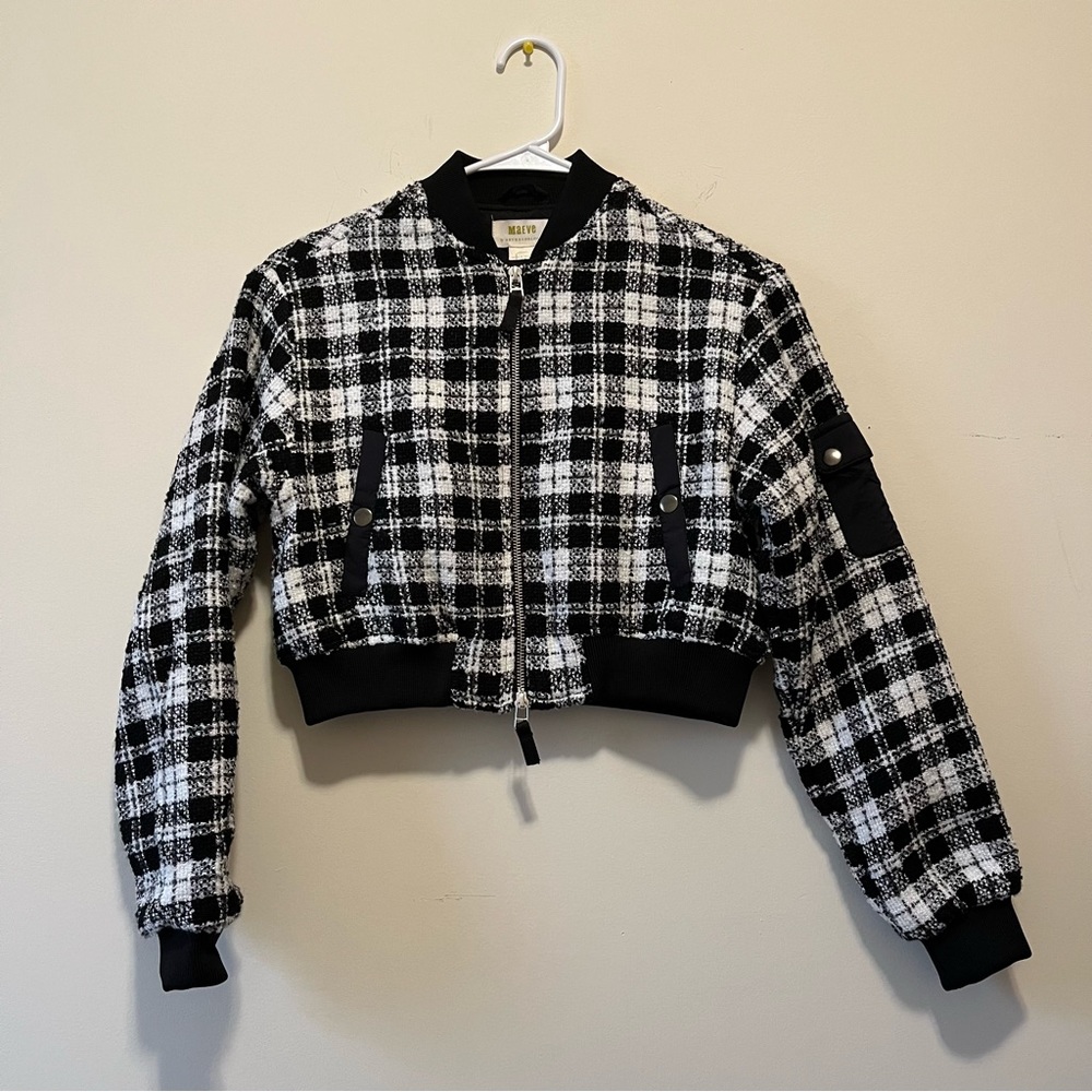 Anthropologie White Black Tweed Cropped Bomber Jacket